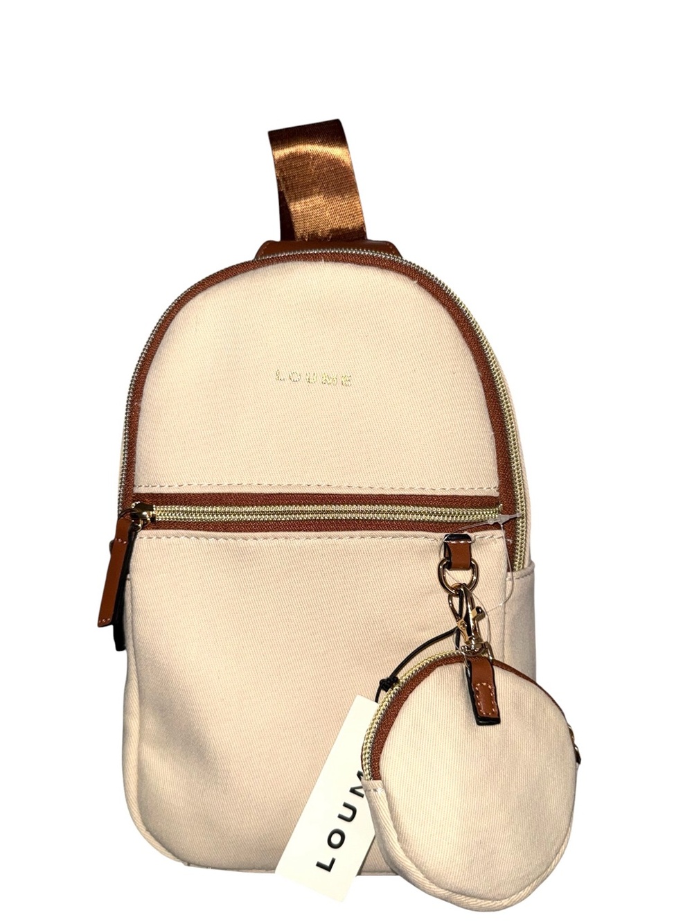 LOUME Beautiful Cream & Copper Sling Bag w/Coin Purse Bag Charm - NWT